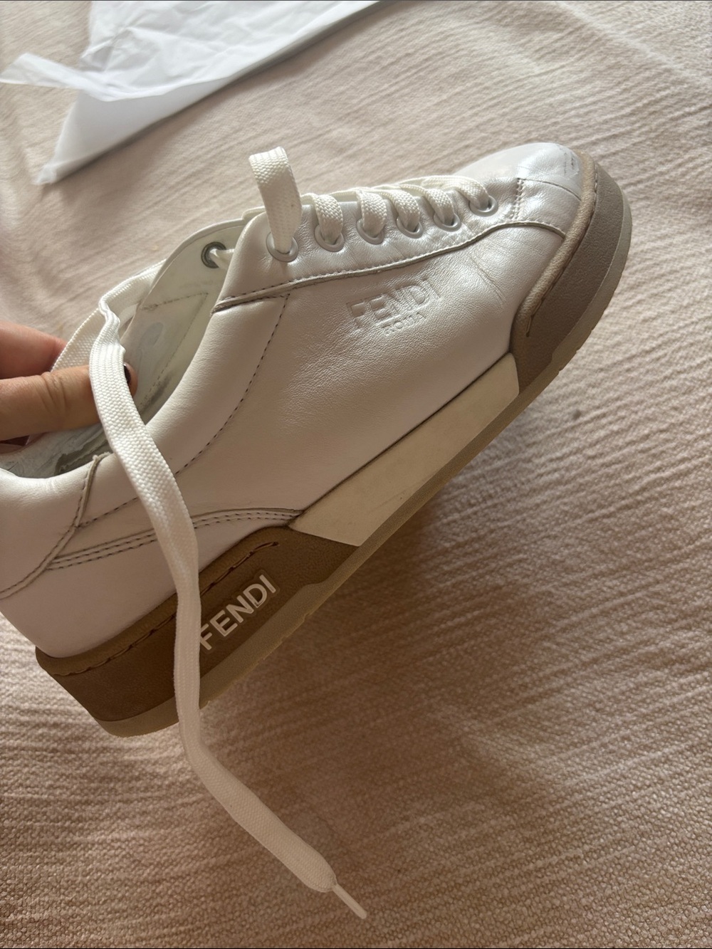 🧡Fendi White /Beige Leather Low-Top Sneaker with Tan Sole Accents - Picture 2 of 7